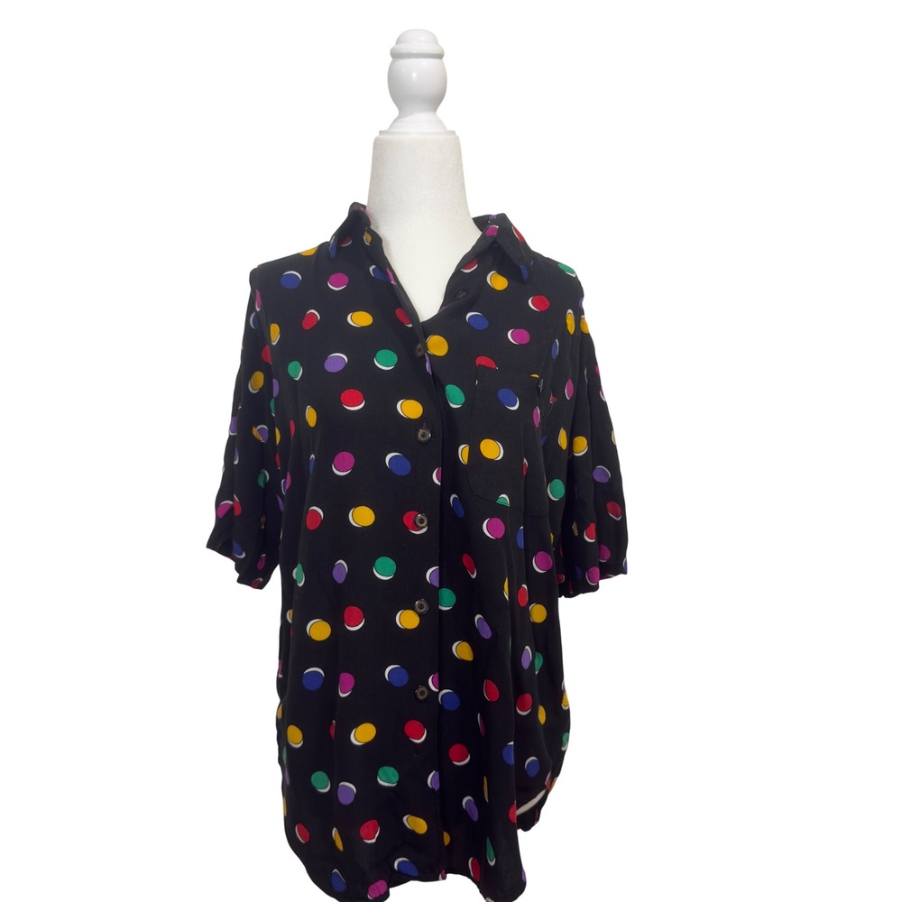 Vintage Polka Dot Button Down Shirt Black Rayon Short Sleeve M Dopamine Dressing